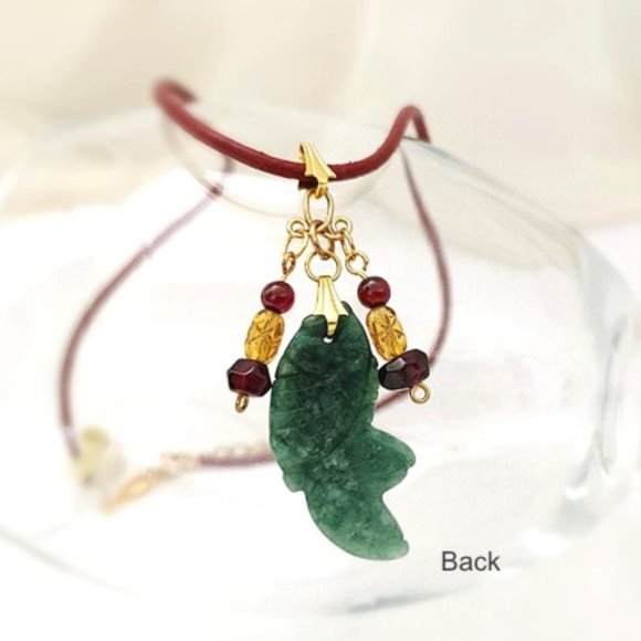 Collar Genuine Green Jade FISH Garnet Leather Cord - Picture 5 of 10